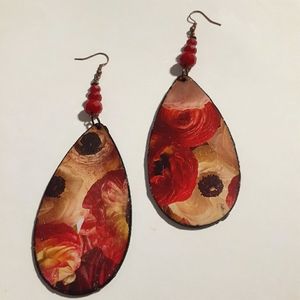 Floral print wood handmade double sided earrings